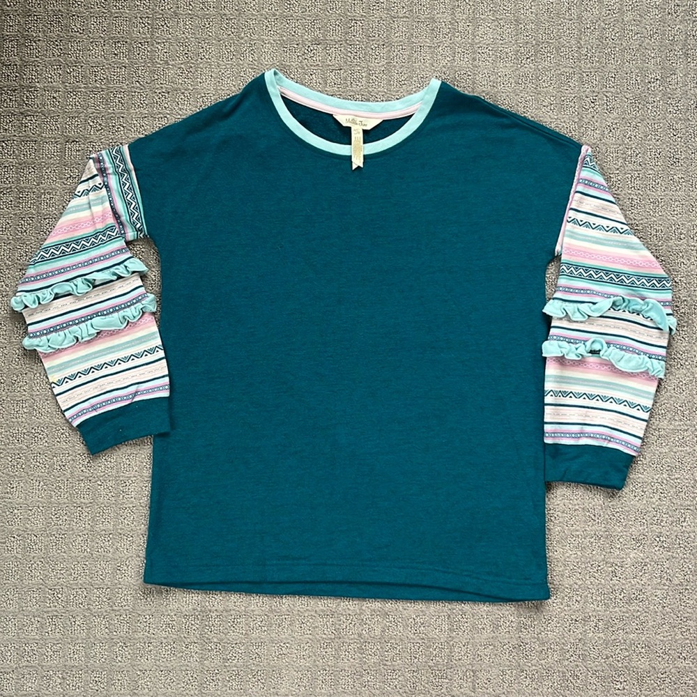Girls Matilda Jane Lightweight Teal Sweatshirt w/Ruffle Striped Sleeves Size 12